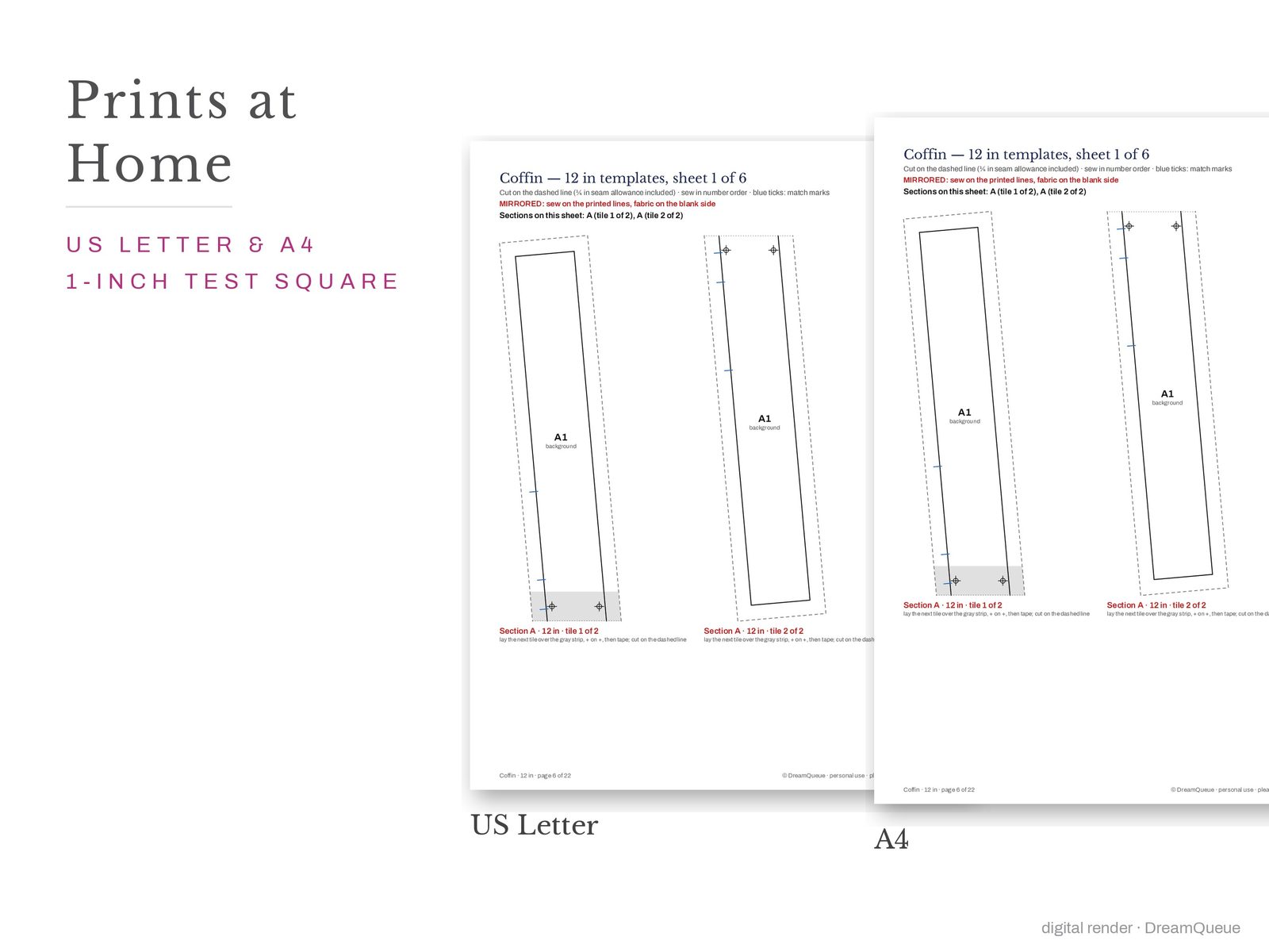 Coffin quilt block templates printed on US Letter and A4 paper with a 1-inch test square to check the print scale
