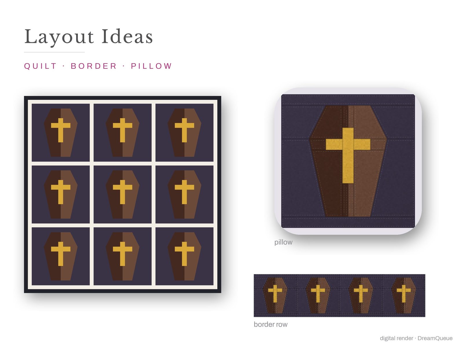 Layout ideas for the Coffin quilt block: a full quilt, a border row and a pillow