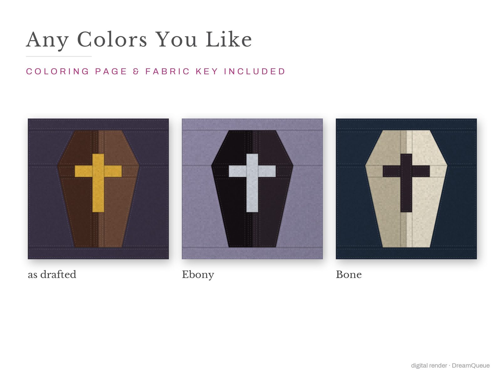 The Coffin quilt block in three colorways, as drafted, pastel and jewel tones; a coloring page and fabric key are included