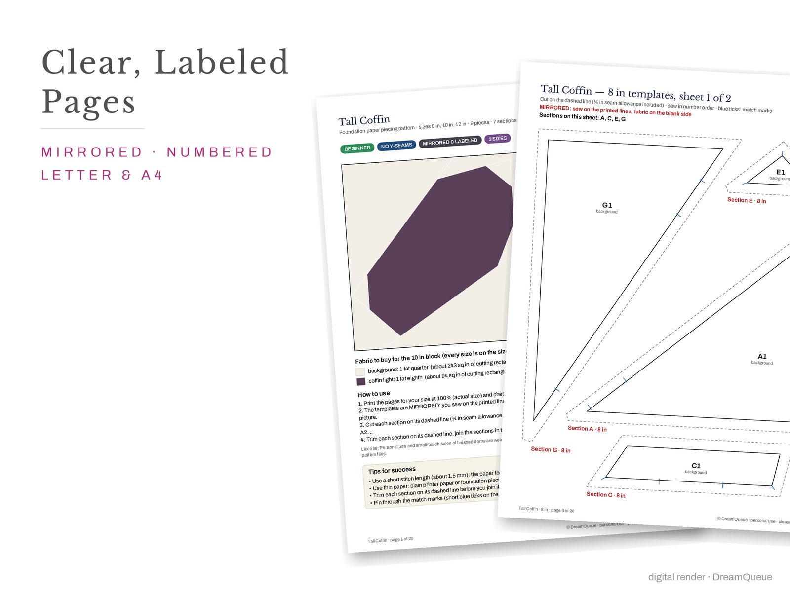 Cover page and a mirrored, numbered template sheet from the Tall Coffin quilt block FPP pattern