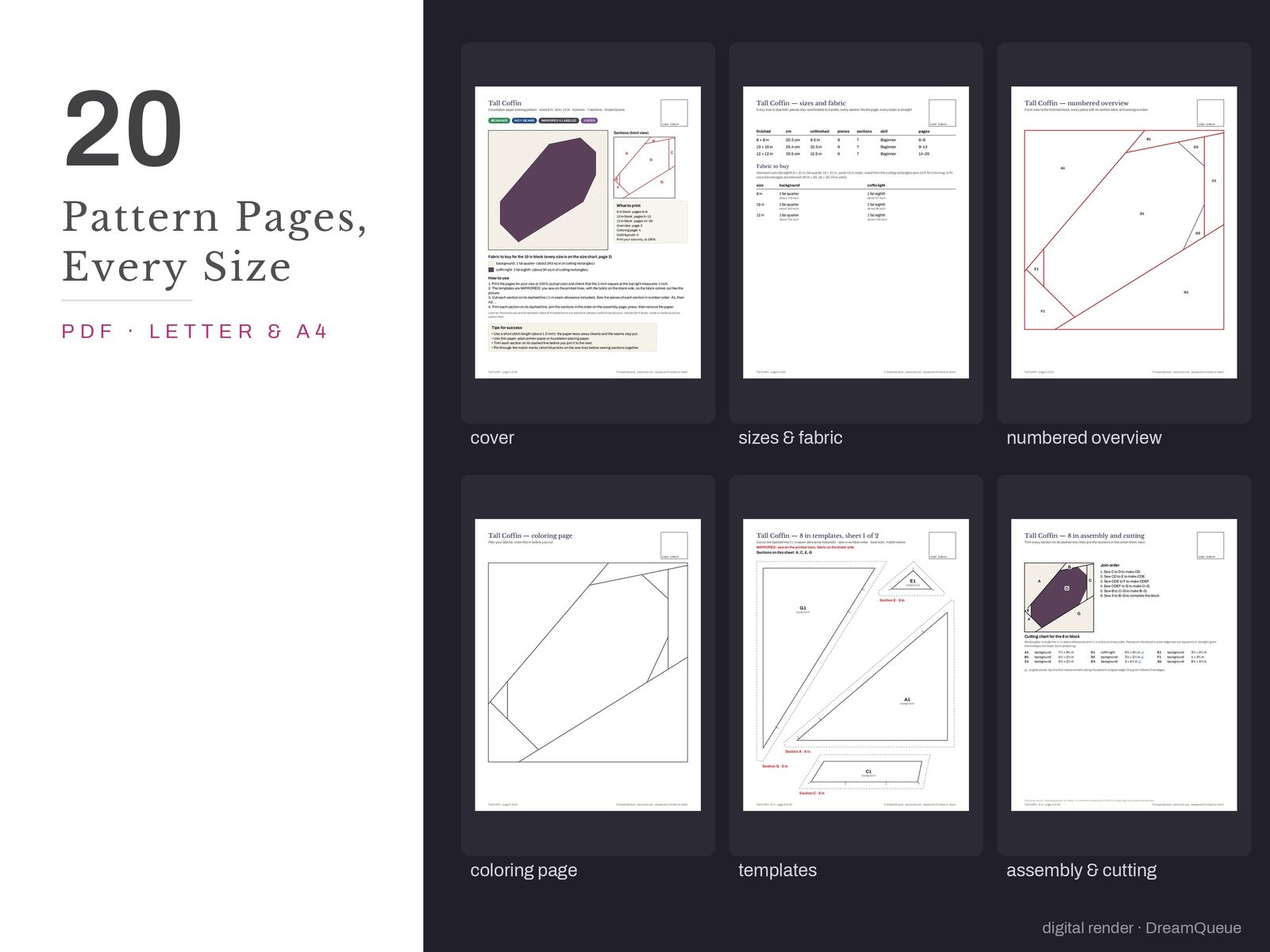 Thumbnails of the Tall Coffin quilt block pattern pages: cover, size and fabric chart, numbered overview, coloring page, templates, assembly and cutting chart
