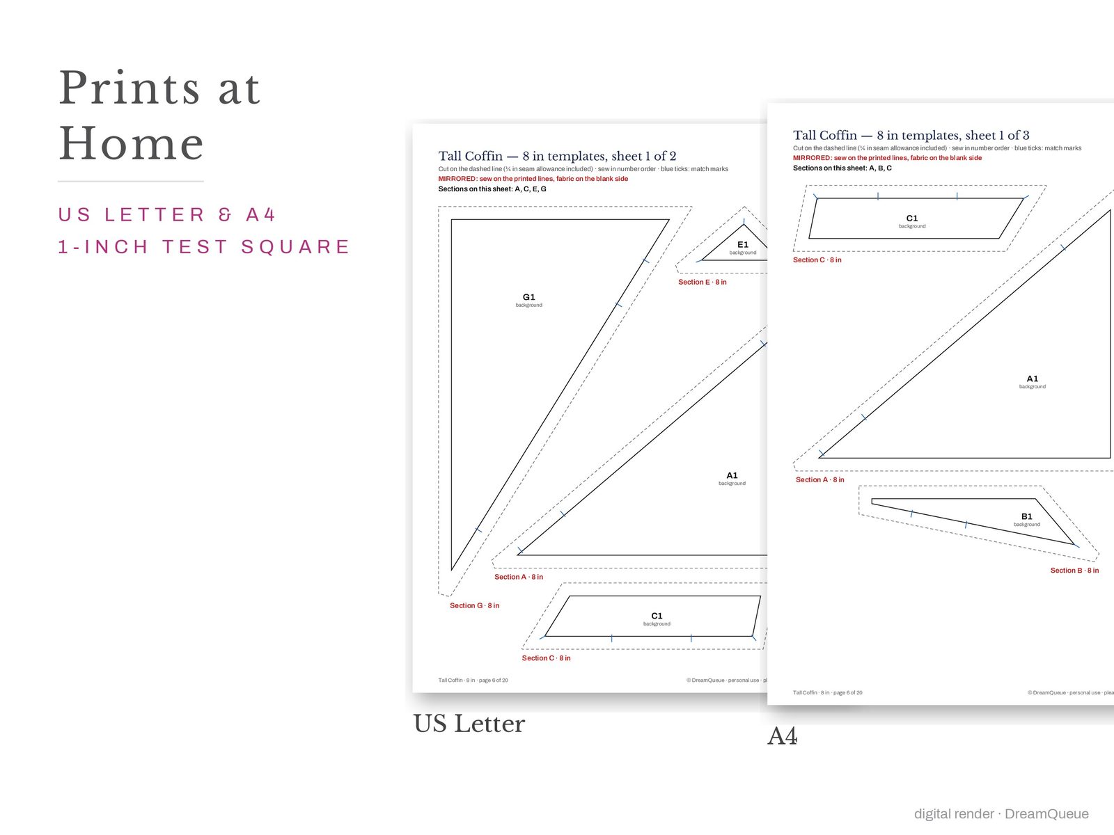 Tall coffin quilt block templates printed on US Letter and A4 paper with a 1-inch test square to check the print scale