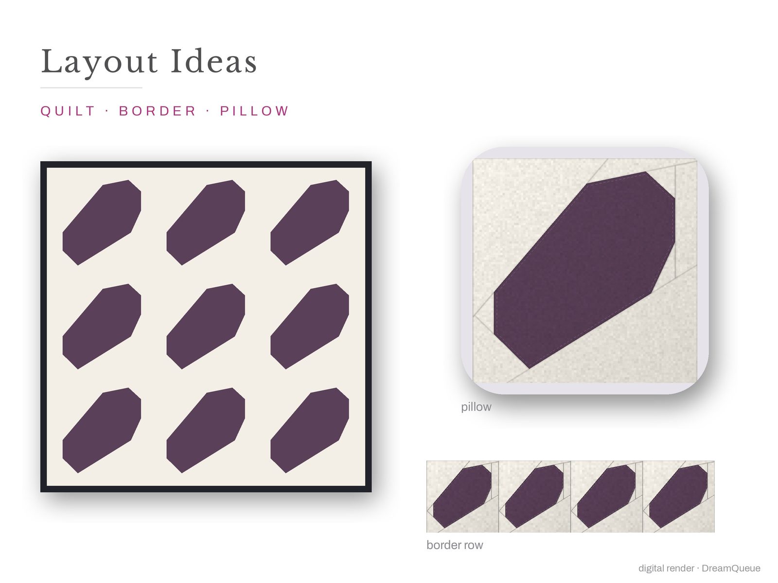 Layout ideas for the Tall Coffin quilt block: a full quilt, a border row and a pillow