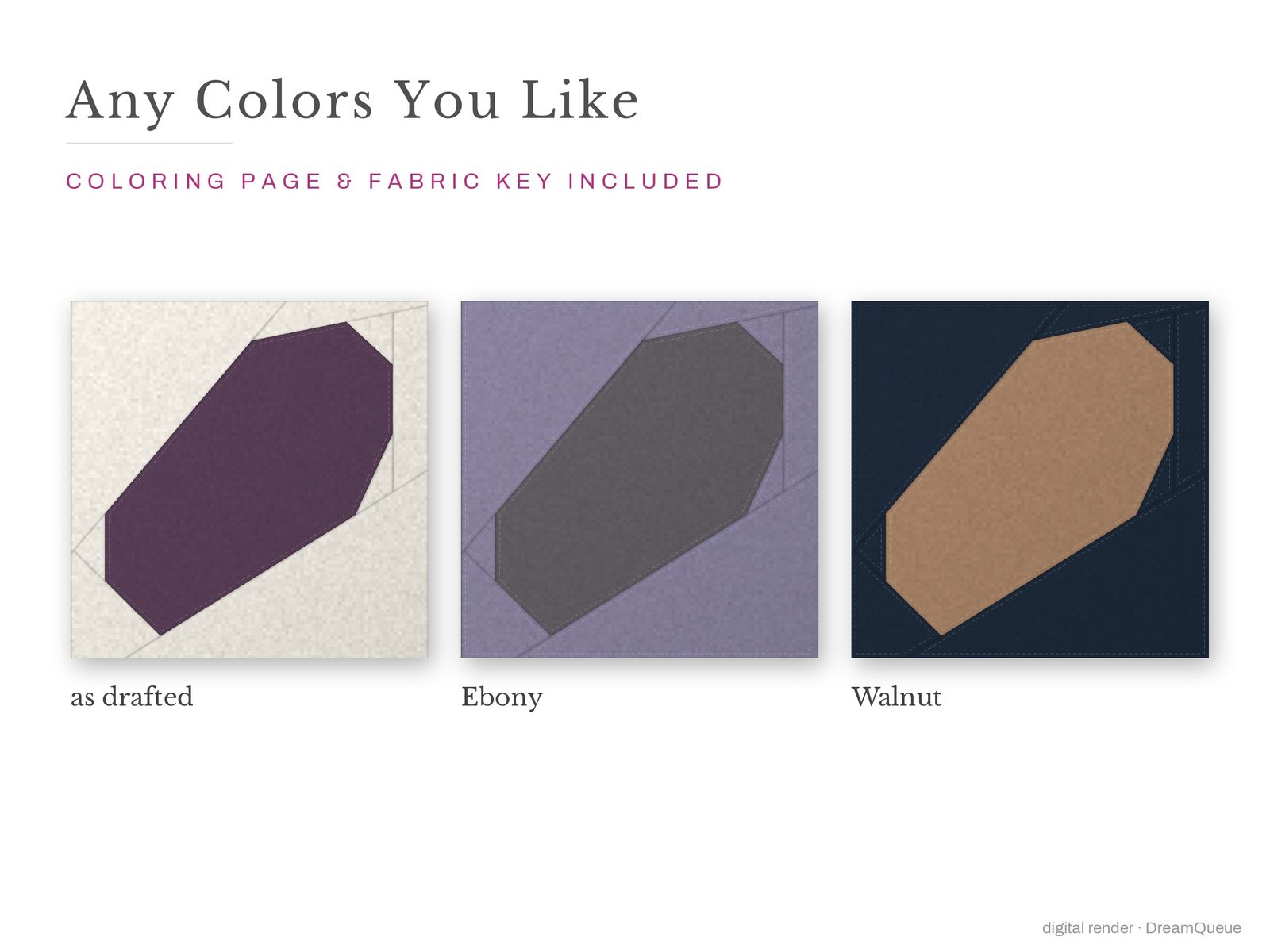 The Tall Coffin quilt block in three colorways, as drafted, pastel and jewel tones; a coloring page and fabric key are included