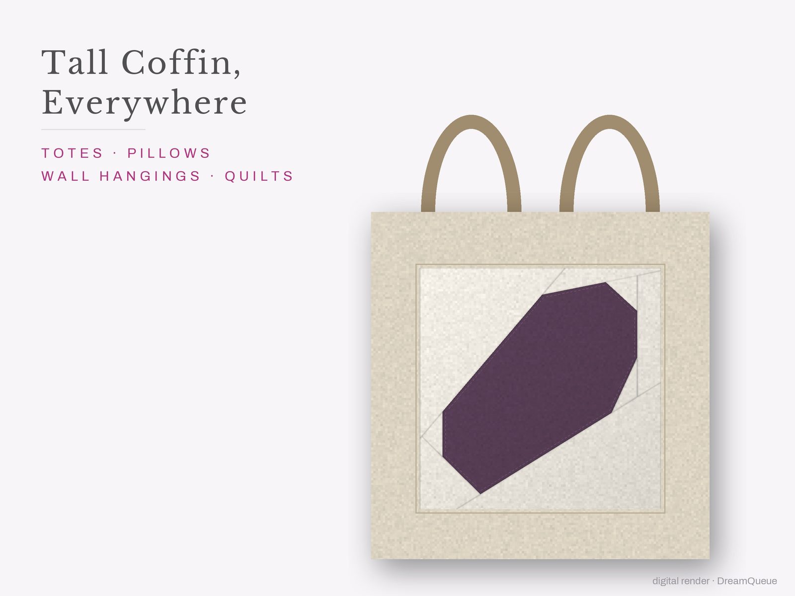 The Tall Coffin quilt block sewn into a tote bag, one idea for totes, pillows, wall hangings and quilts