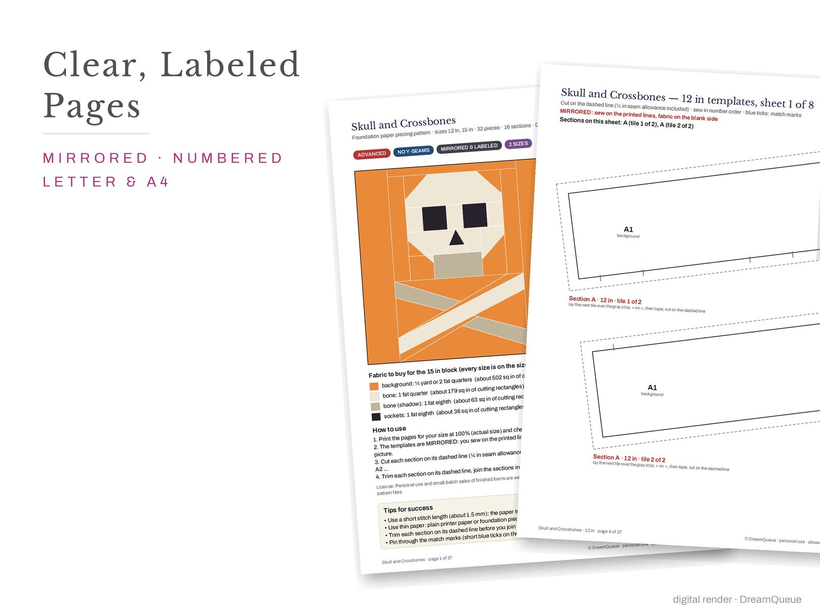 Cover page and a mirrored, numbered template sheet from the Skull and Crossbones quilt block FPP pattern