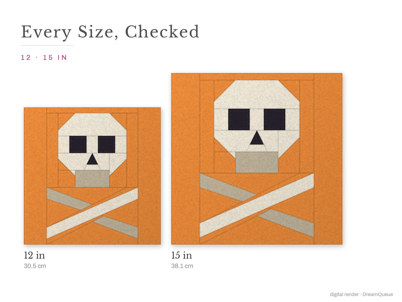 The Skull and Crossbones quilt block at every finished size: 12 and 15 inch