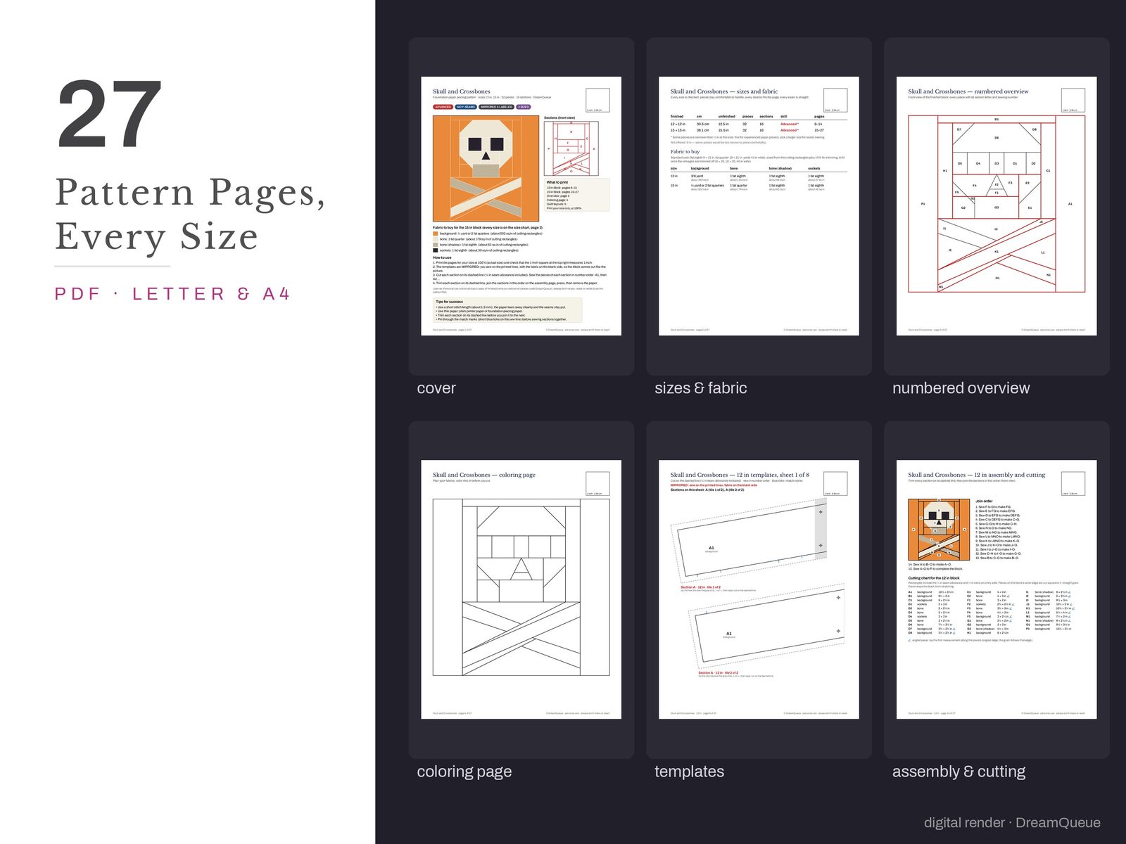 Thumbnails of the Skull and Crossbones quilt block pattern pages: cover, size and fabric chart, numbered overview, coloring page, templates, assembly and cutting chart