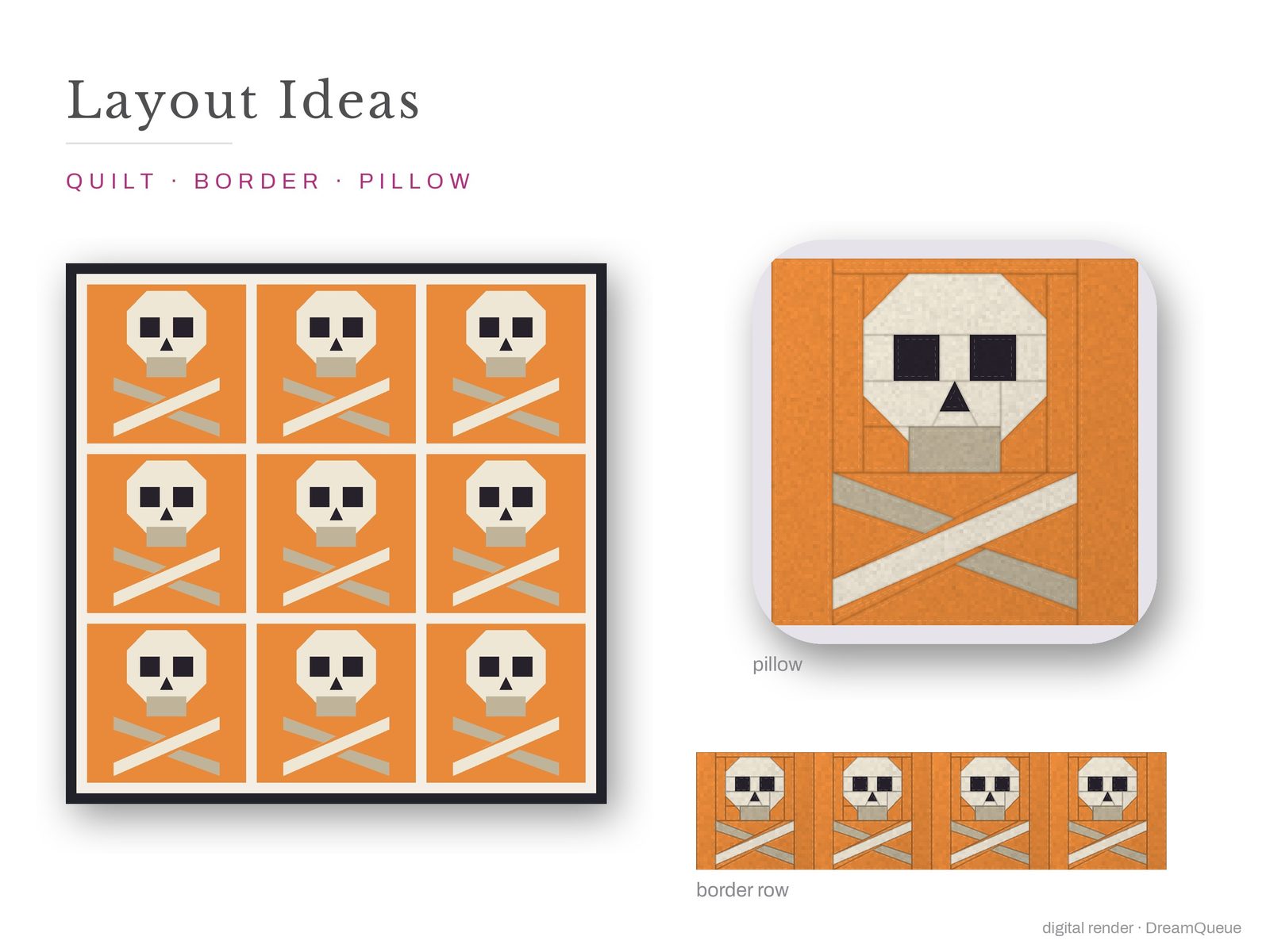 Layout ideas for the Skull and Crossbones quilt block: a full quilt, a border row and a pillow