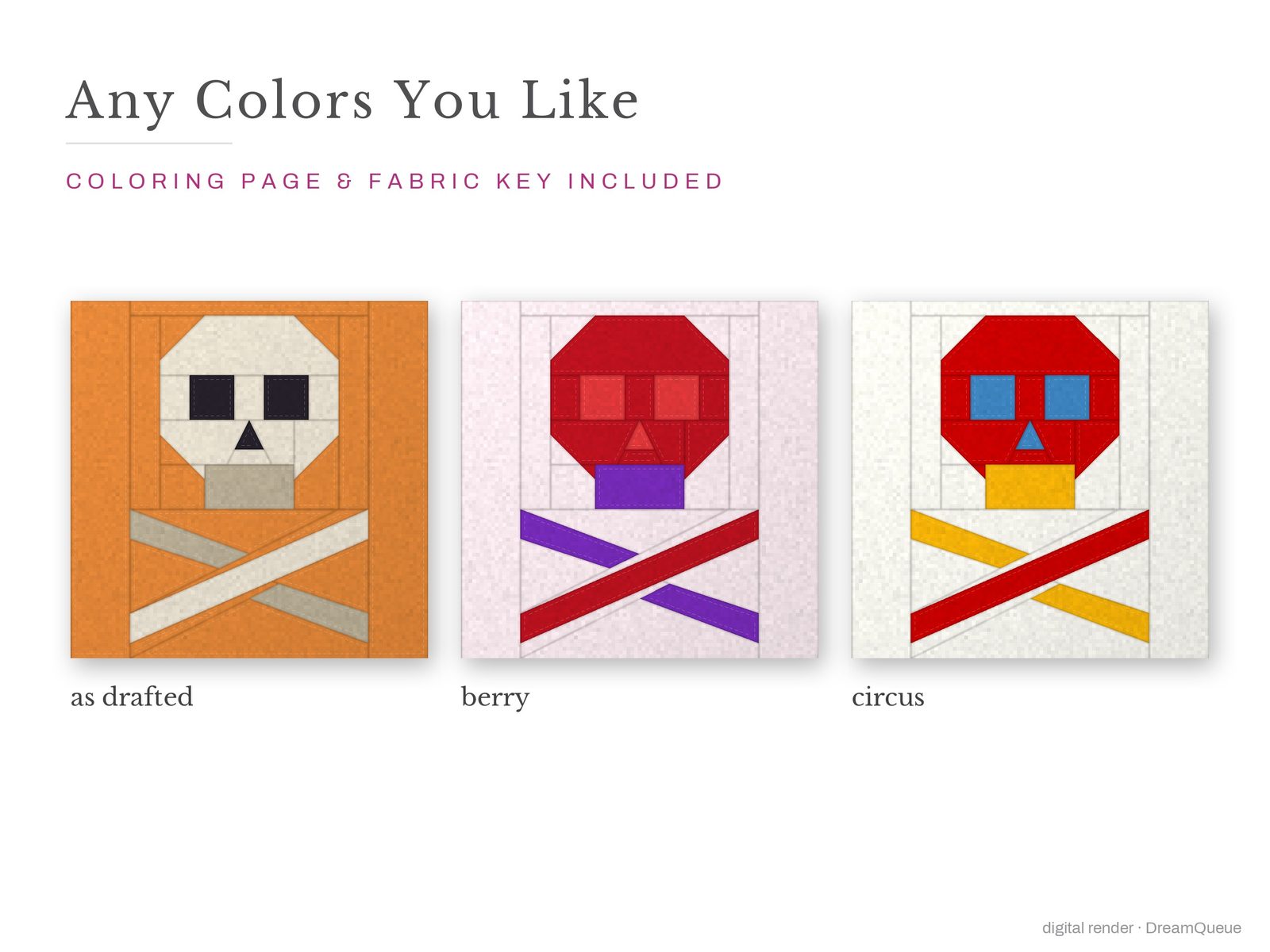 The Skull and Crossbones quilt block in three colorways, as drafted, pastel and jewel tones; a coloring page and fabric key are included
