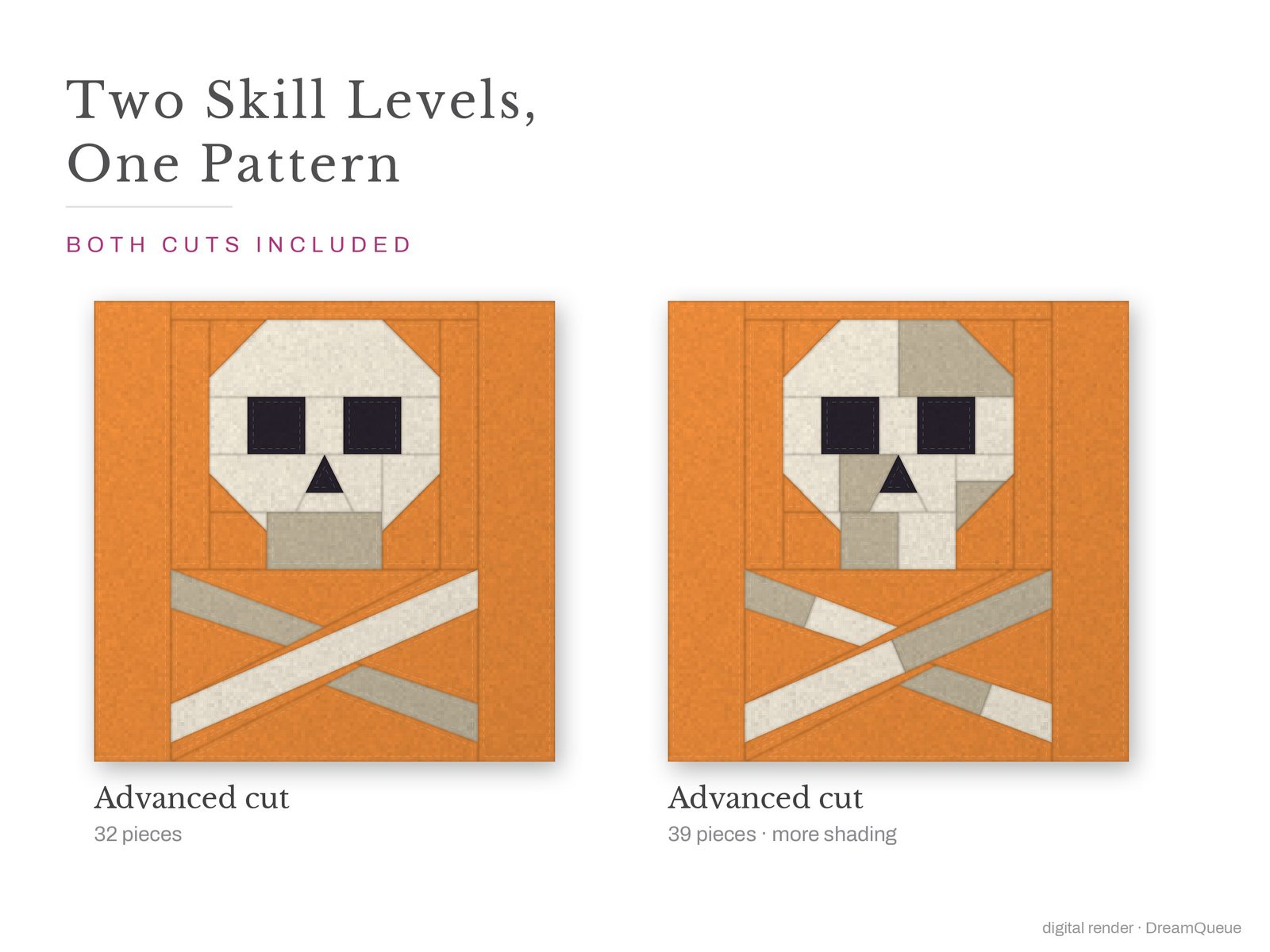 Skull and Crossbones: Skill level advanced: no Y-seams, mirrored and labeled templates, every size checked, pieces numbered in sewing order, cutting chart and fabric to buy