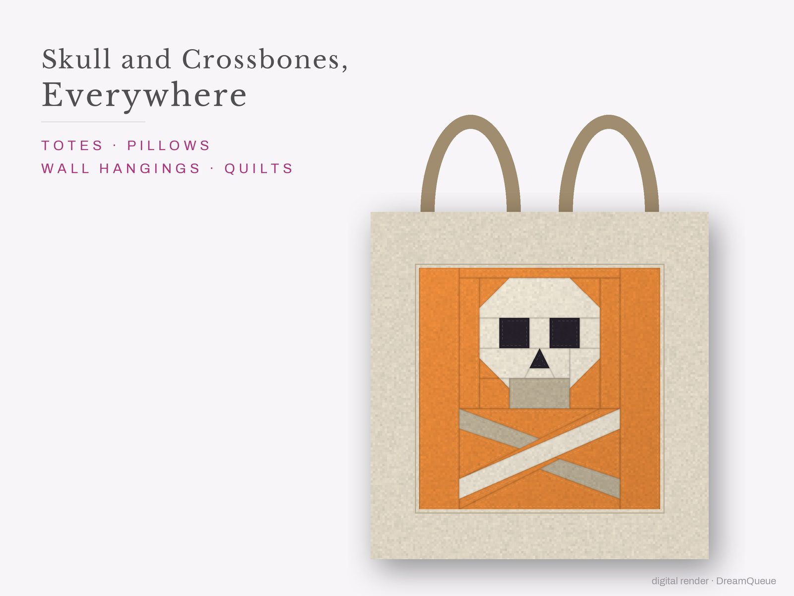 The Skull and Crossbones quilt block sewn into a tote bag, one idea for totes, pillows, wall hangings and quilts