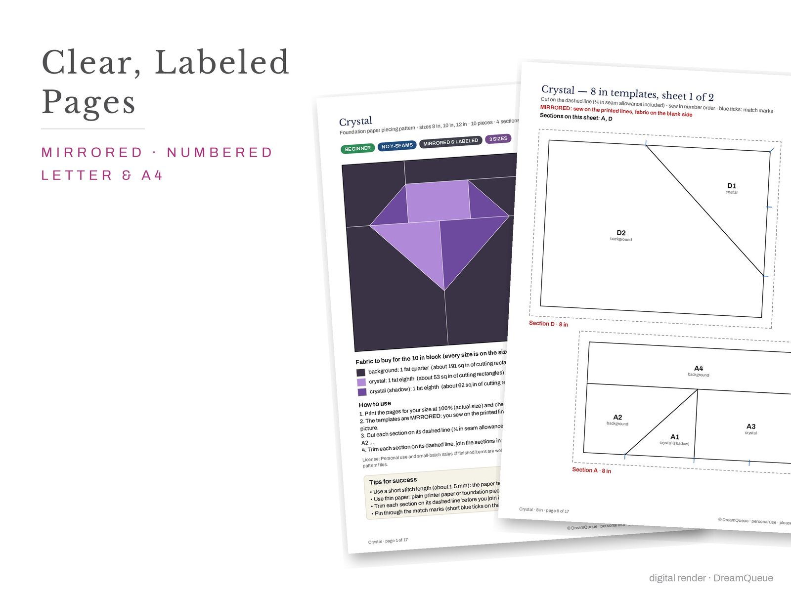 Cover page and a mirrored, numbered template sheet from the Crystal quilt block FPP pattern
