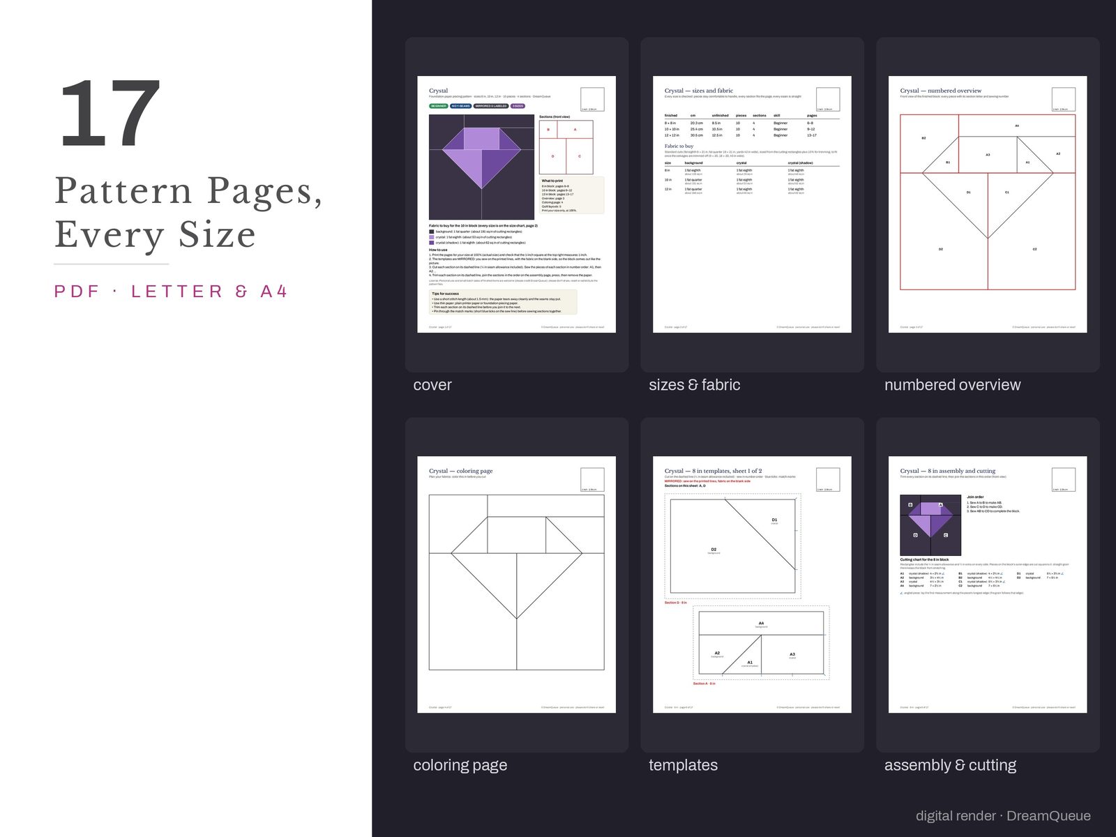 Thumbnails of the Crystal quilt block pattern pages: cover, size and fabric chart, numbered overview, coloring page, templates, assembly and cutting chart