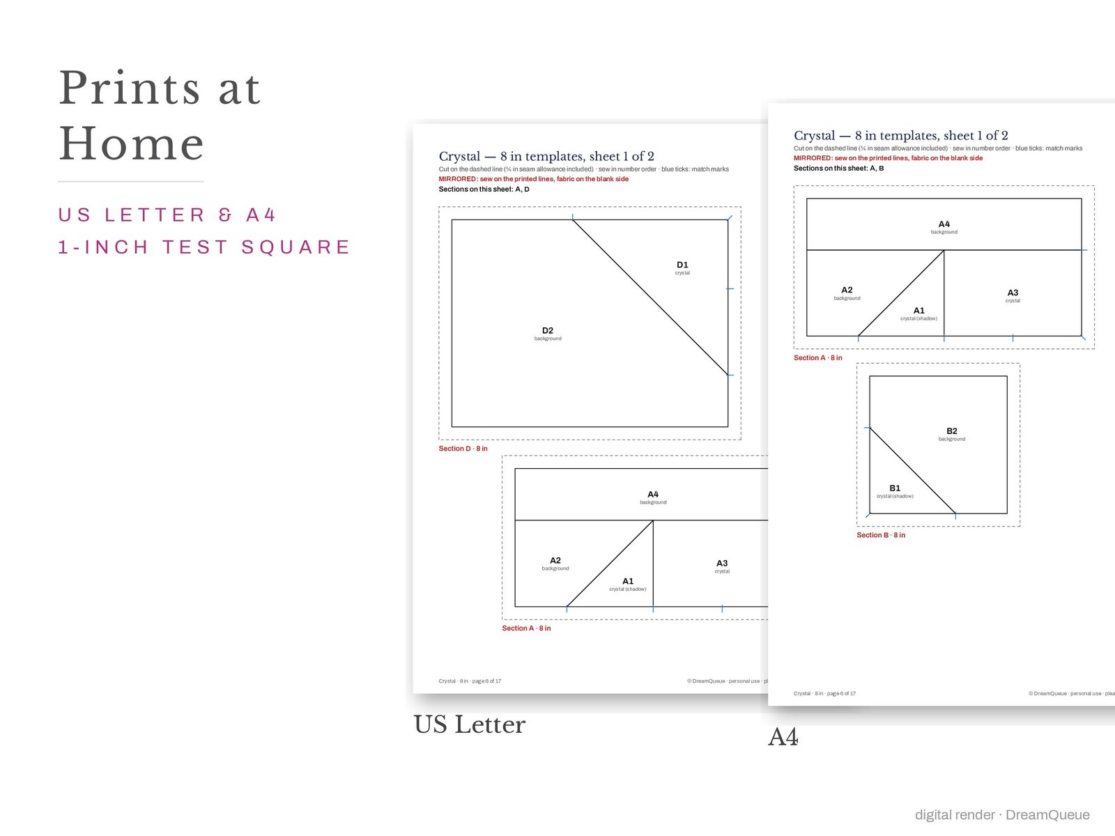 Crystal quilt block templates printed on US Letter and A4 paper with a 1-inch test square to check the print scale