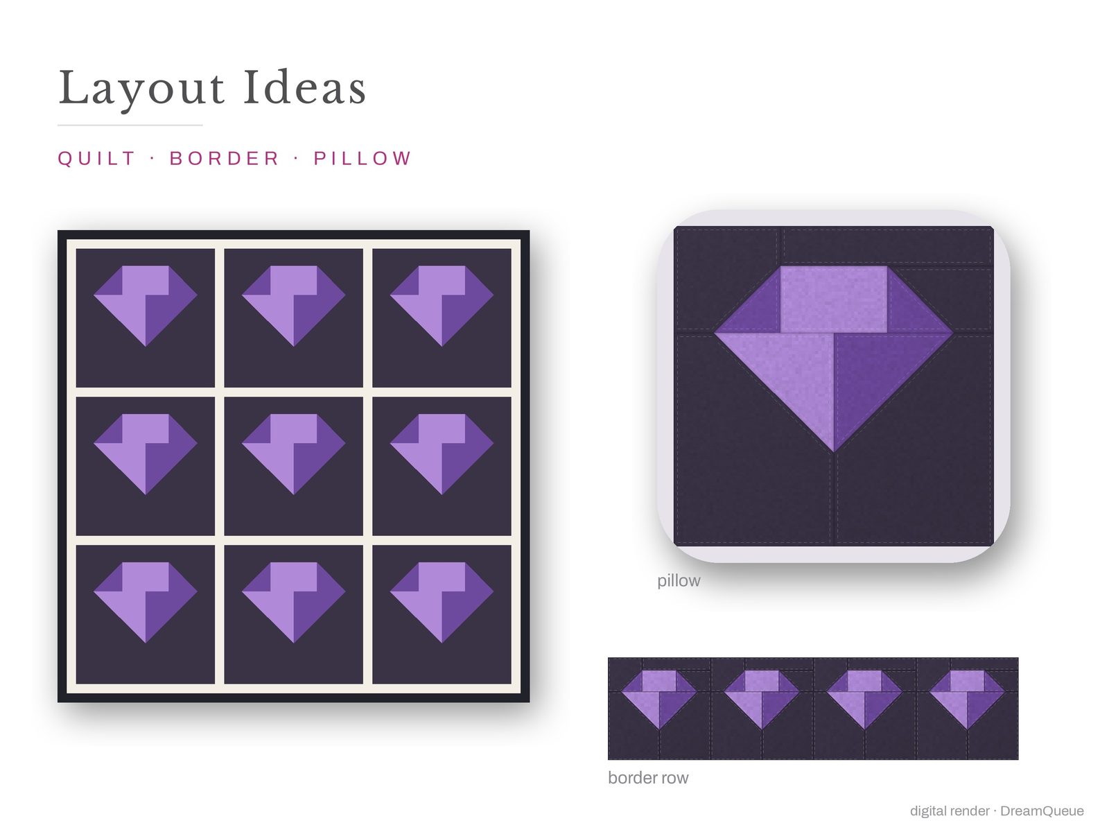 Layout ideas for the Crystal quilt block: a full quilt, a border row and a pillow
