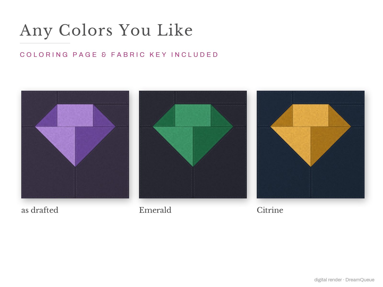 The Crystal quilt block in three colorways, as drafted, pastel and jewel tones; a coloring page and fabric key are included