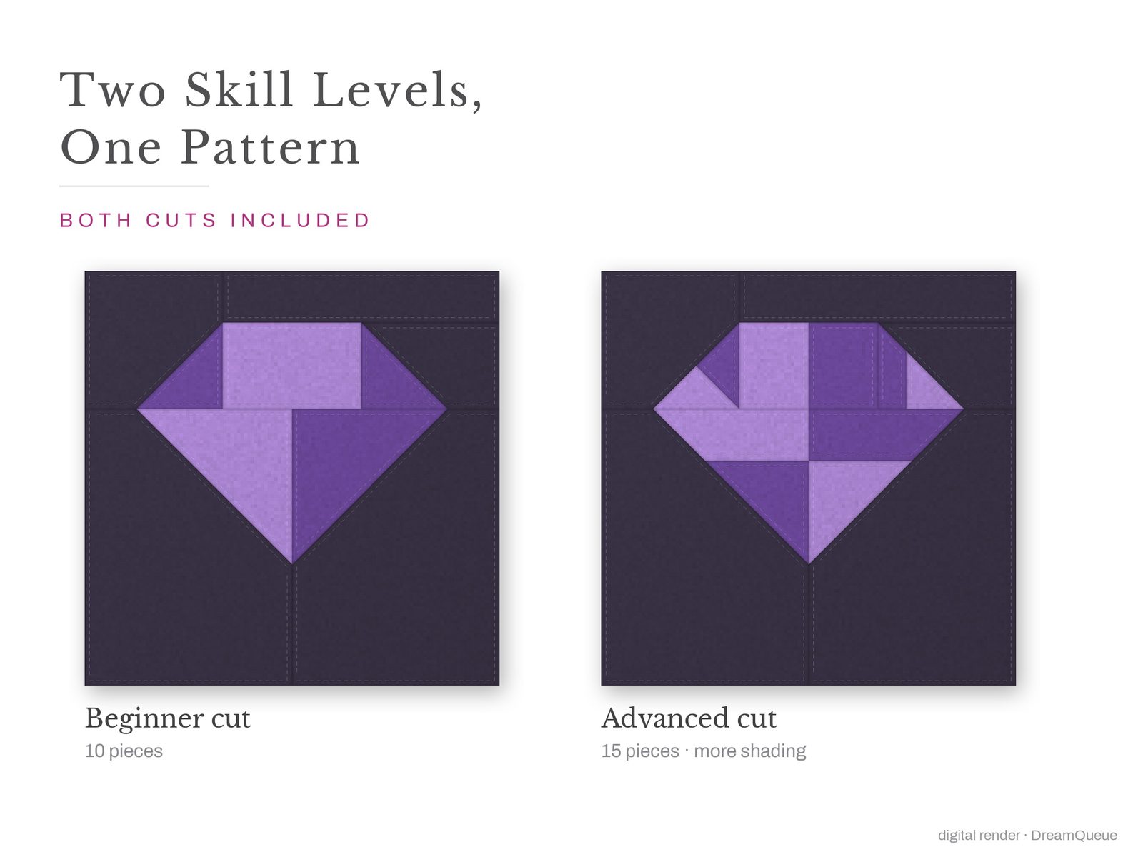Crystal: Skill level beginner: no Y-seams, mirrored and labeled templates, every size checked, pieces numbered in sewing order, cutting chart and fabric to buy