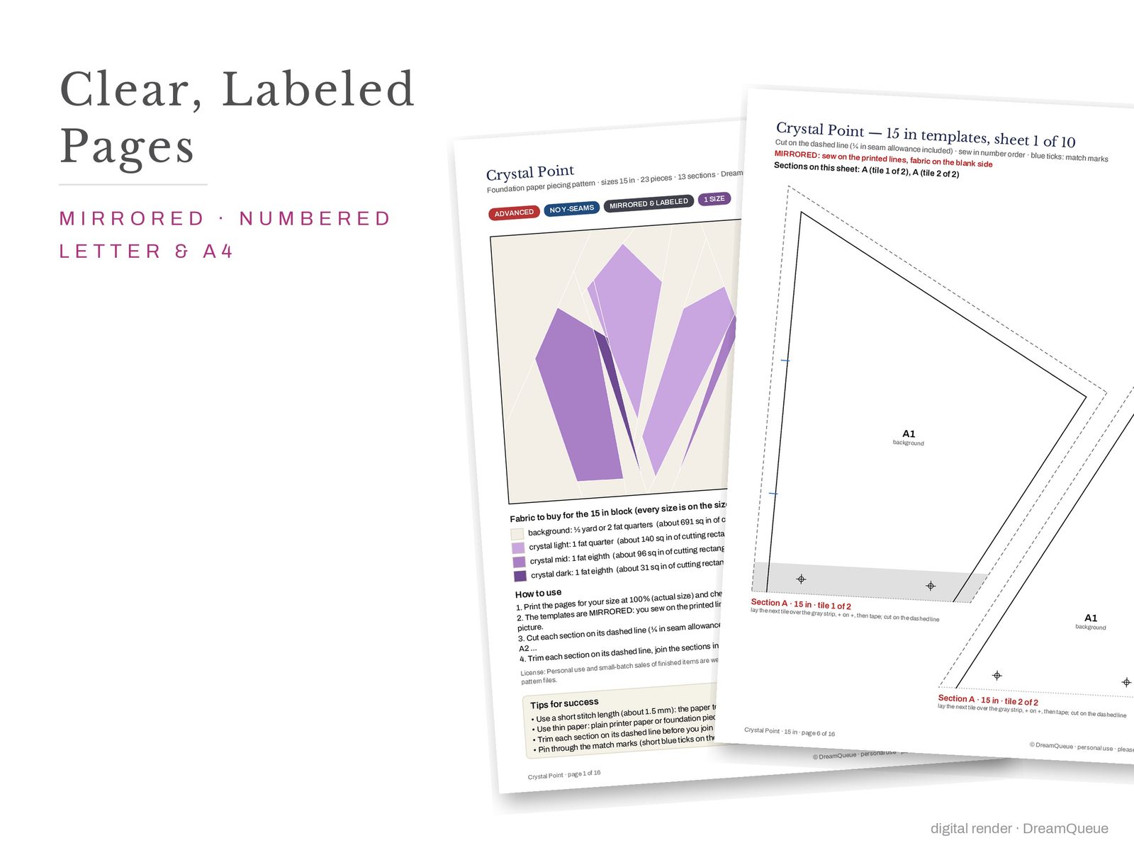 Cover page and a mirrored, numbered template sheet from the Crystal Point quilt block FPP pattern