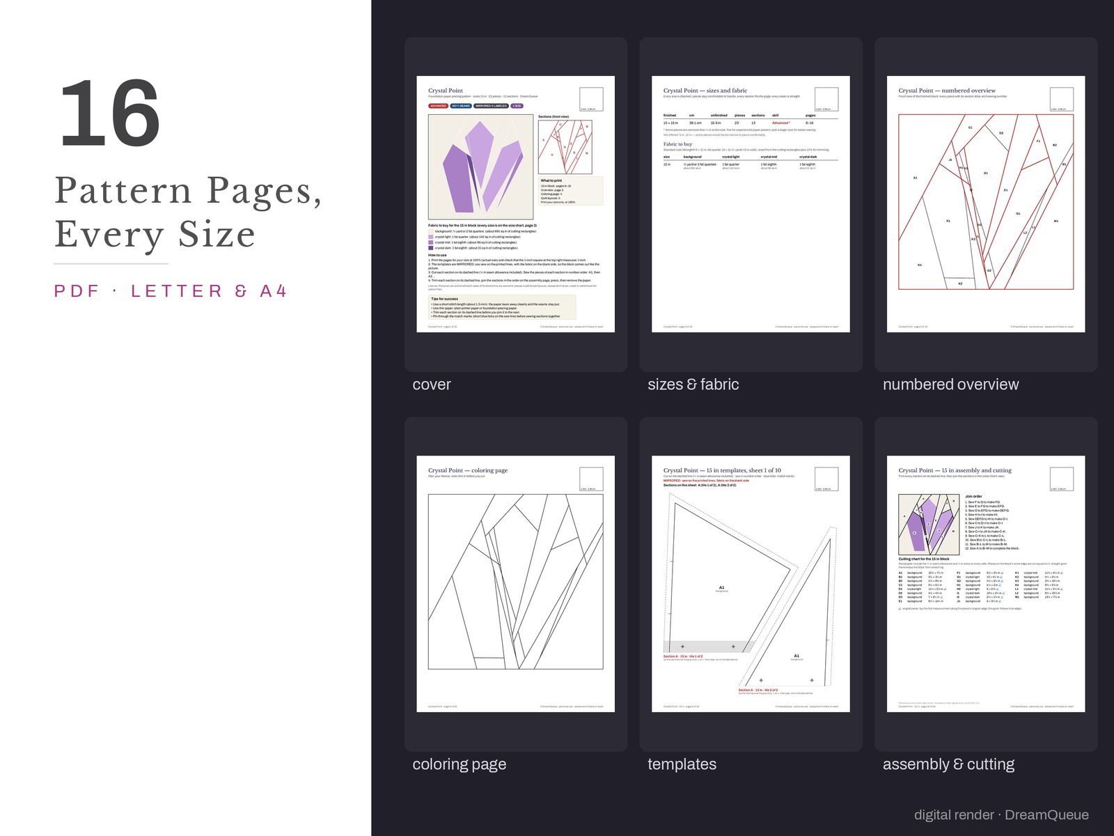 Thumbnails of the Crystal Point quilt block pattern pages: cover, size and fabric chart, numbered overview, coloring page, templates, assembly and cutting chart