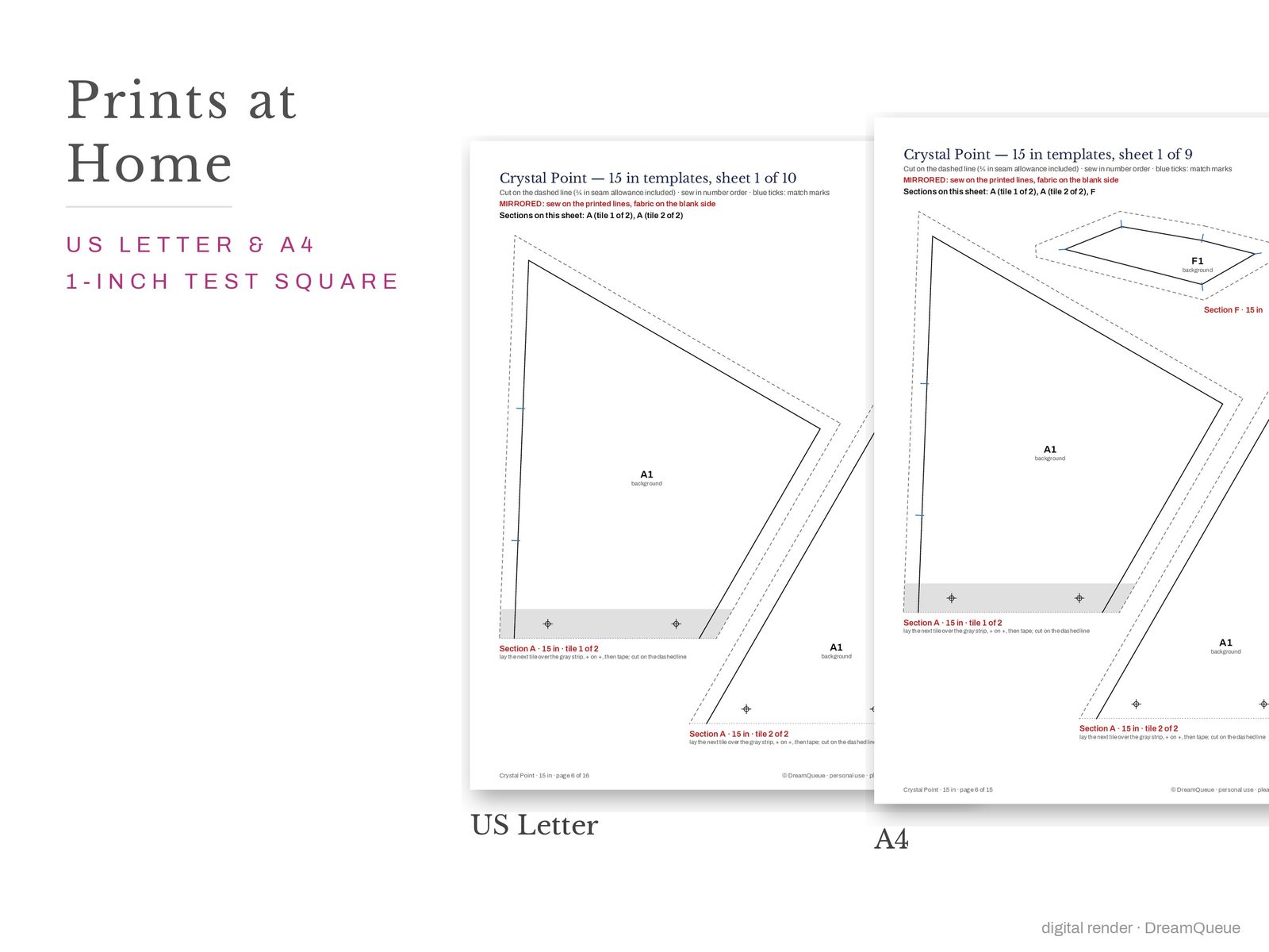 Crystal point quilt block templates printed on US Letter and A4 paper with a 1-inch test square to check the print scale