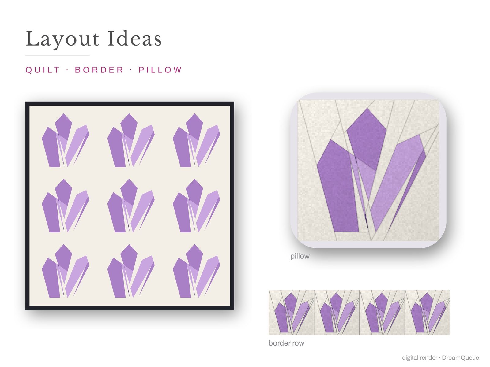 Layout ideas for the Crystal Point quilt block: a full quilt, a border row and a pillow