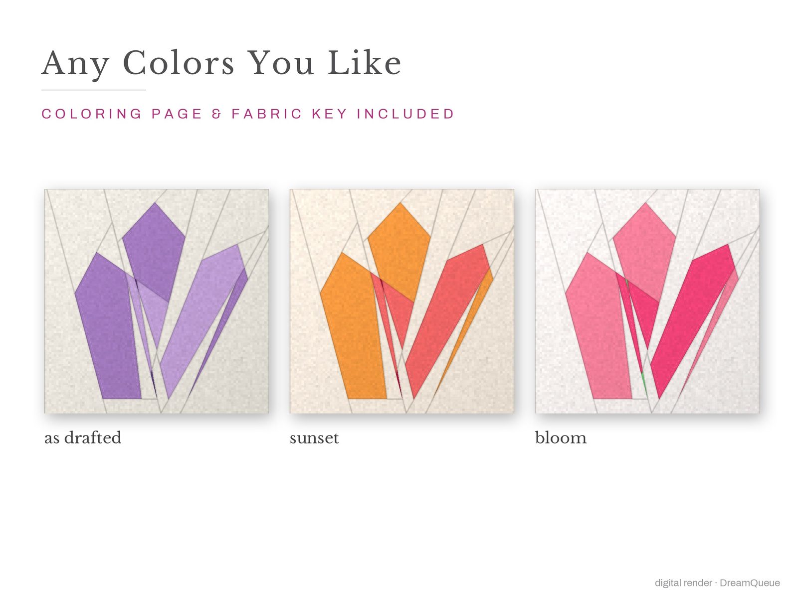 The Crystal Point quilt block in three colorways, as drafted, pastel and jewel tones; a coloring page and fabric key are included