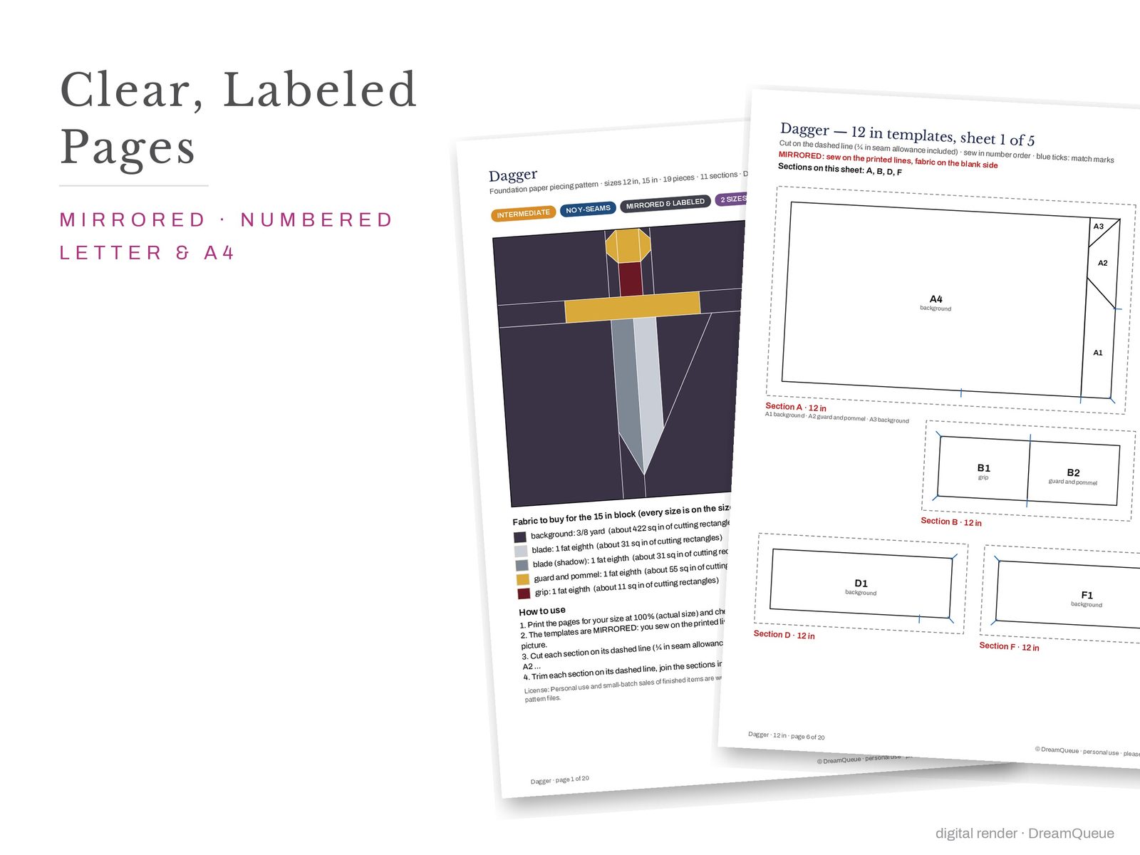 Cover page and a mirrored, numbered template sheet from the Dagger quilt block FPP pattern