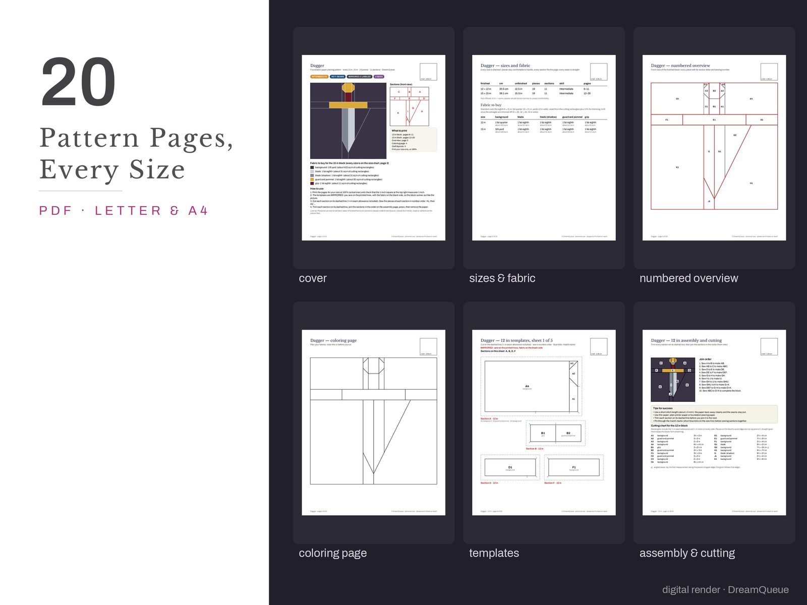 Thumbnails of the Dagger quilt block pattern pages: cover, size and fabric chart, numbered overview, coloring page, templates, assembly and cutting chart