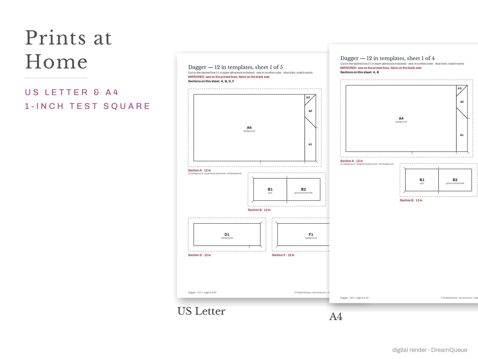 Dagger quilt block templates printed on US Letter and A4 paper with a 1-inch test square to check the print scale