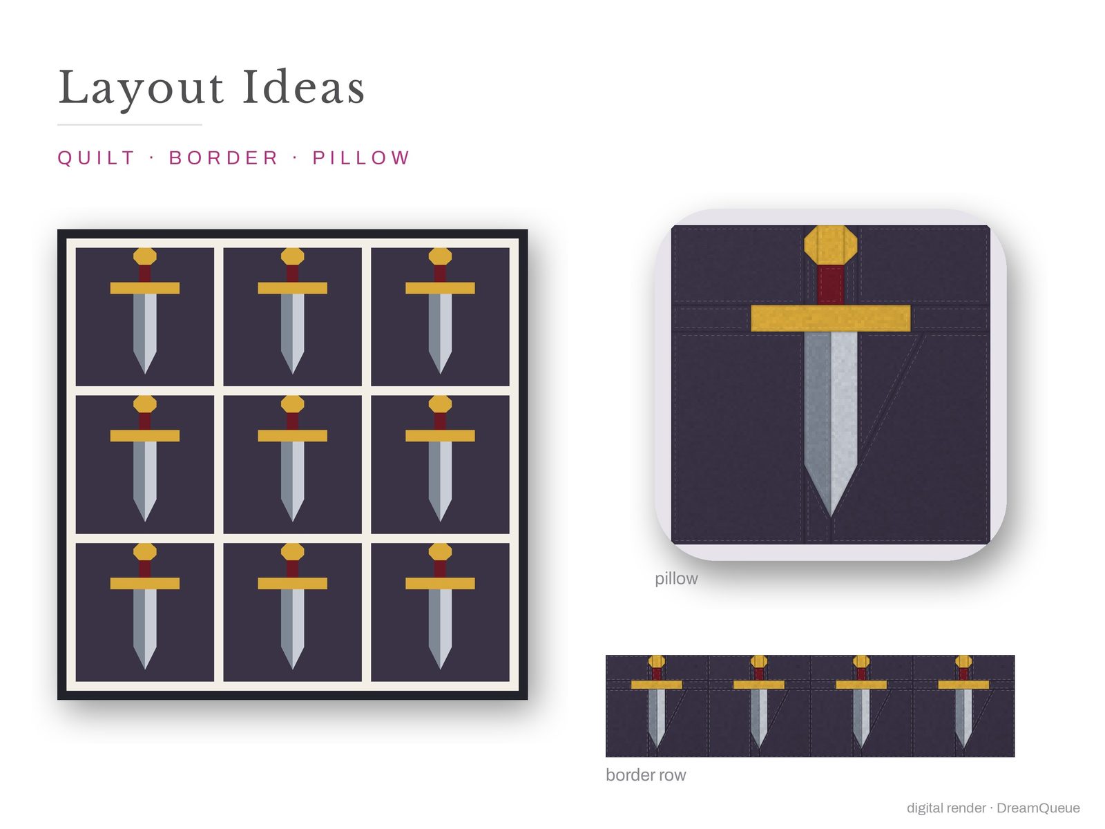 Layout ideas for the Dagger quilt block: a full quilt, a border row and a pillow