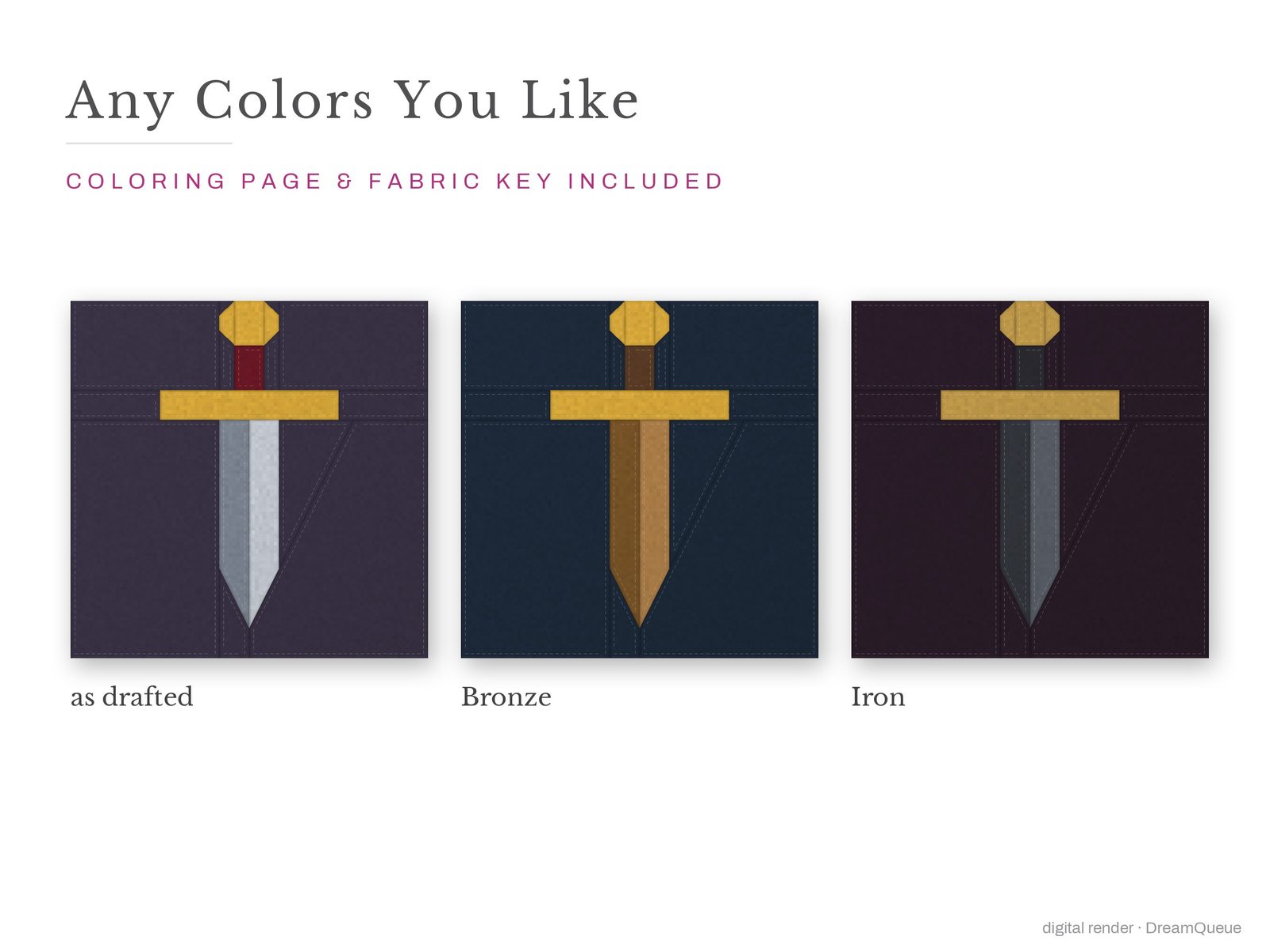 The Dagger quilt block in three colorways, as drafted, pastel and jewel tones; a coloring page and fabric key are included