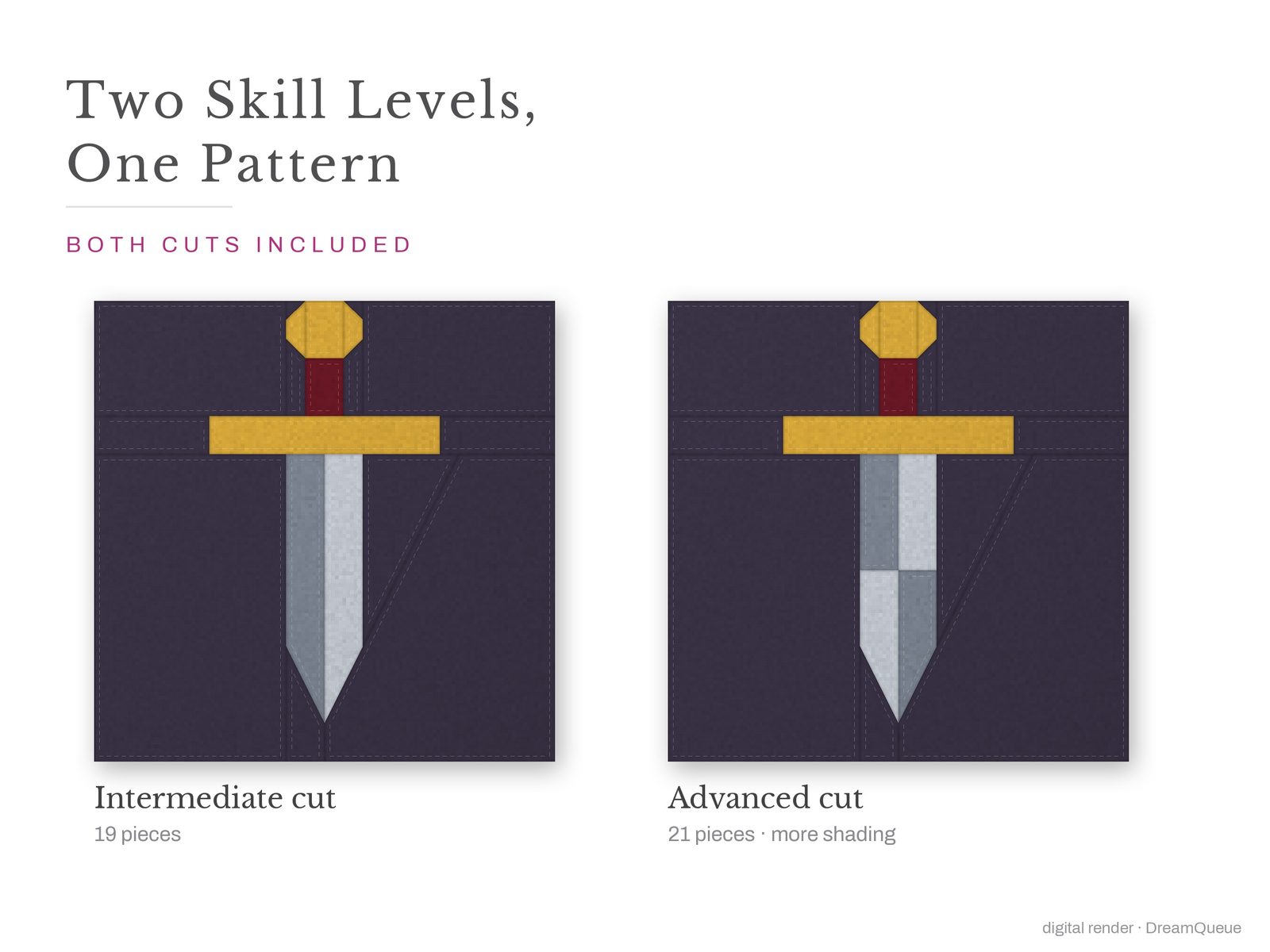 Dagger: Skill level intermediate: no Y-seams, mirrored and labeled templates, every size checked, pieces numbered in sewing order, cutting chart and fabric to buy
