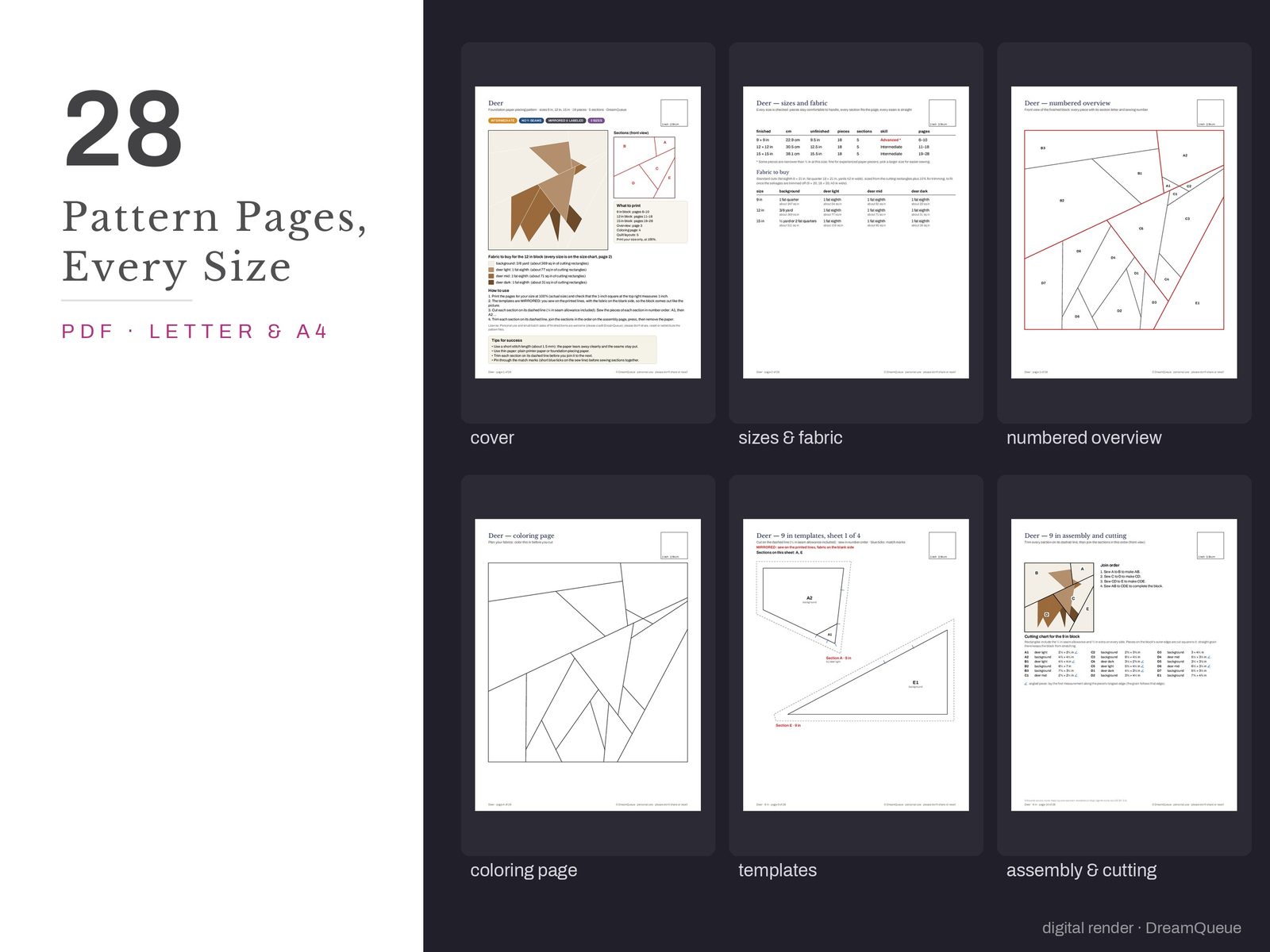 Thumbnails of the Deer quilt block pattern pages: cover, size and fabric chart, numbered overview, coloring page, templates, assembly and cutting chart