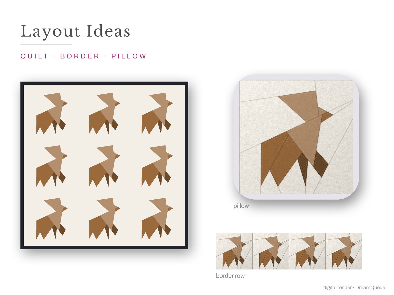 Layout ideas for the Deer quilt block: a full quilt, a border row and a pillow