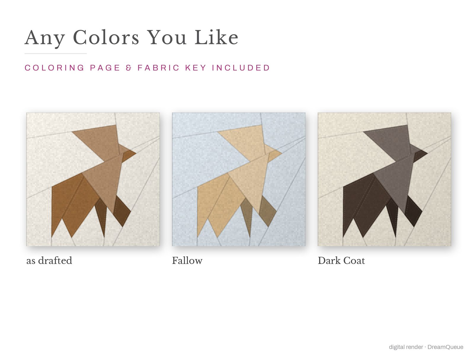 The Deer quilt block in three colorways, as drafted, pastel and jewel tones; a coloring page and fabric key are included