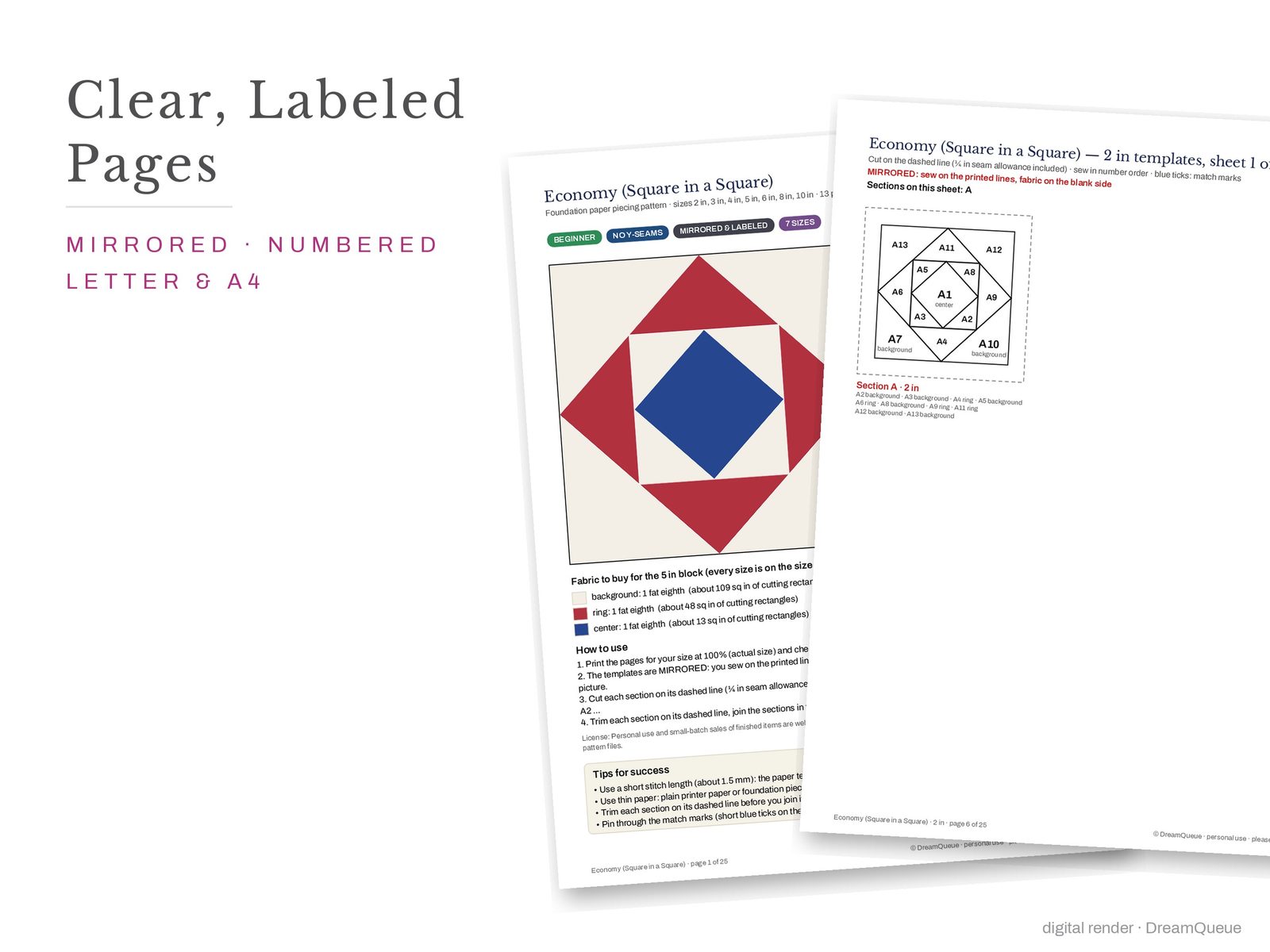 Cover page and a mirrored, numbered template sheet from the Economy (Square in a Square) quilt block FPP pattern