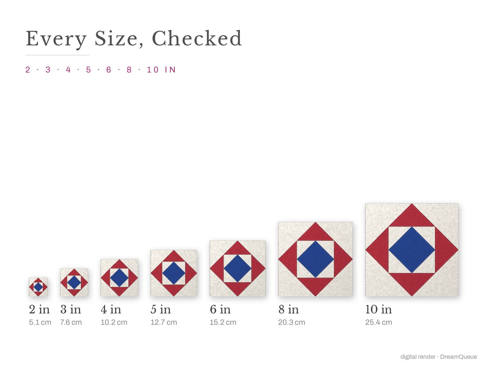 The Economy (Square in a Square) quilt block at every finished size: 2, 3, 4, 5, 6, 8 and 10 inch