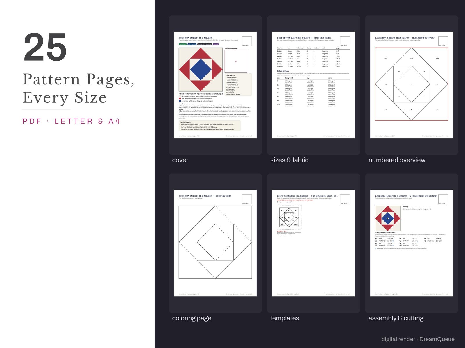 Thumbnails of the Economy (Square in a Square) quilt block pattern pages: cover, size and fabric chart, numbered overview, coloring page, templates, assembly and cutting chart