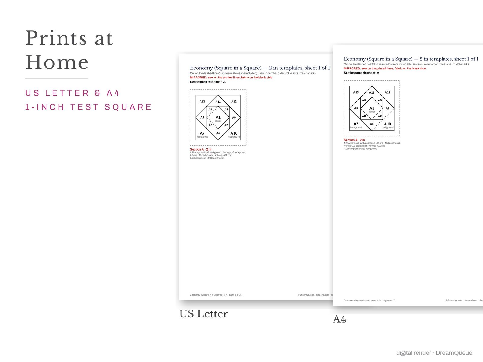 Economy (square in a square) quilt block templates printed on US Letter and A4 paper with a 1-inch test square to check the print scale