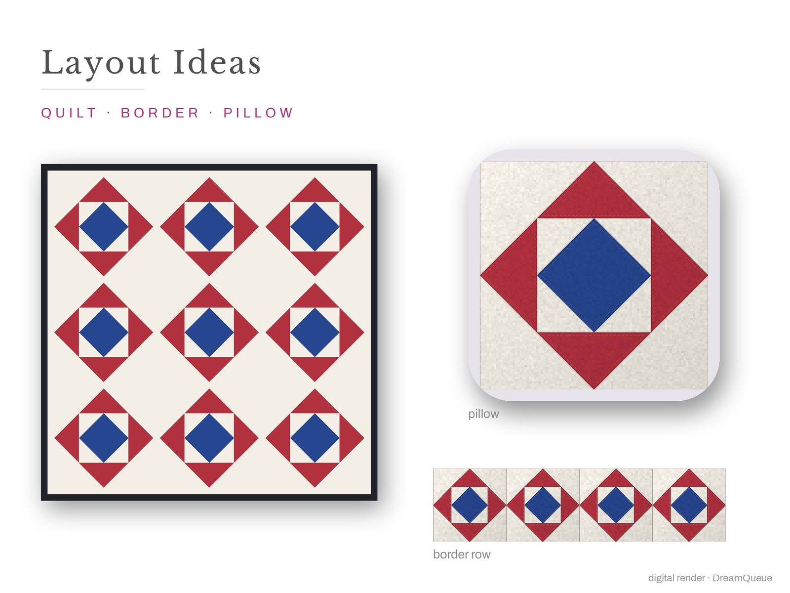 Layout ideas for the Economy (Square in a Square) quilt block: a full quilt, a border row and a pillow