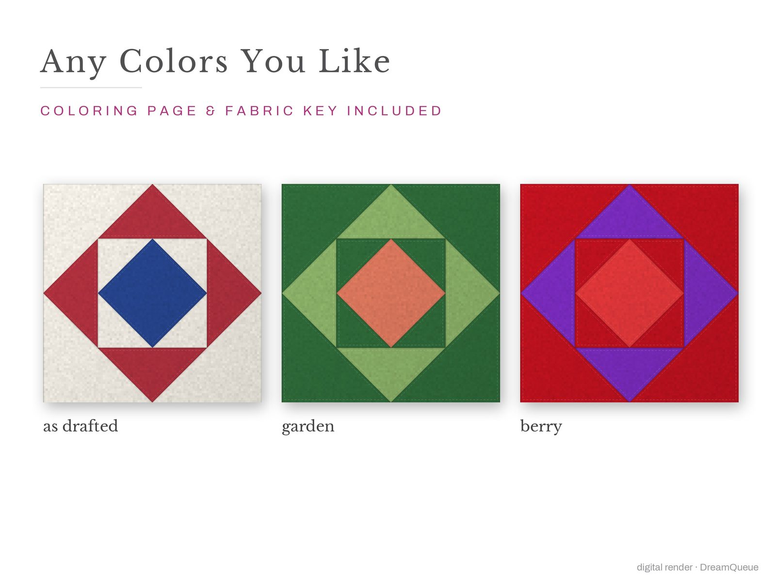 The Economy (Square in a Square) quilt block in three colorways, as drafted, pastel and jewel tones; a coloring page and fabric key are included
