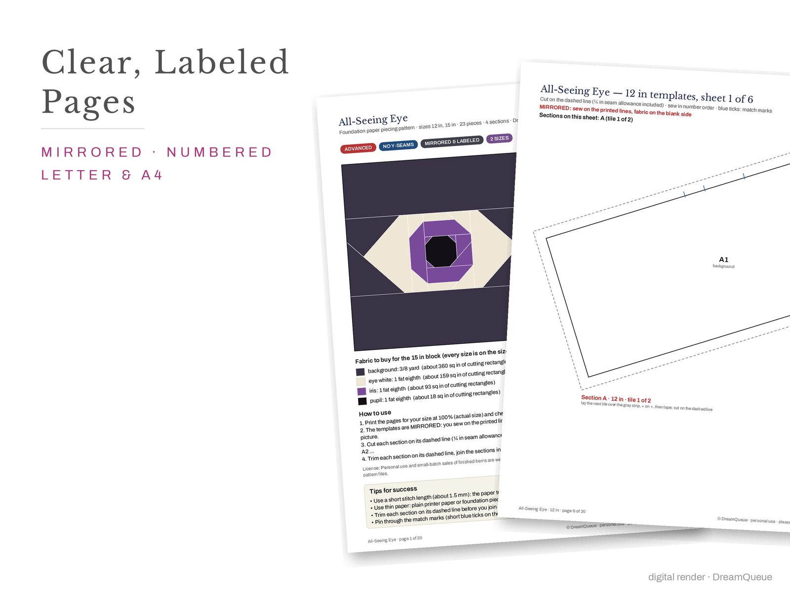 Cover page and a mirrored, numbered template sheet from the All-Seeing Eye quilt block FPP pattern
