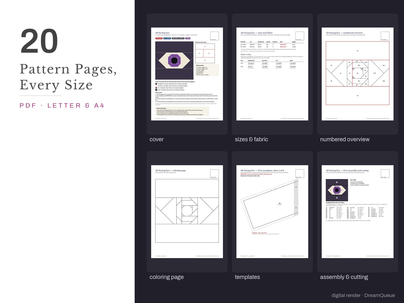 Thumbnails of the All-Seeing Eye quilt block pattern pages: cover, size and fabric chart, numbered overview, coloring page, templates, assembly and cutting chart
