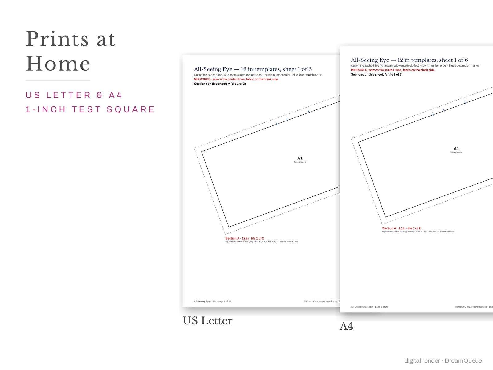 All-seeing eye quilt block templates printed on US Letter and A4 paper with a 1-inch test square to check the print scale
