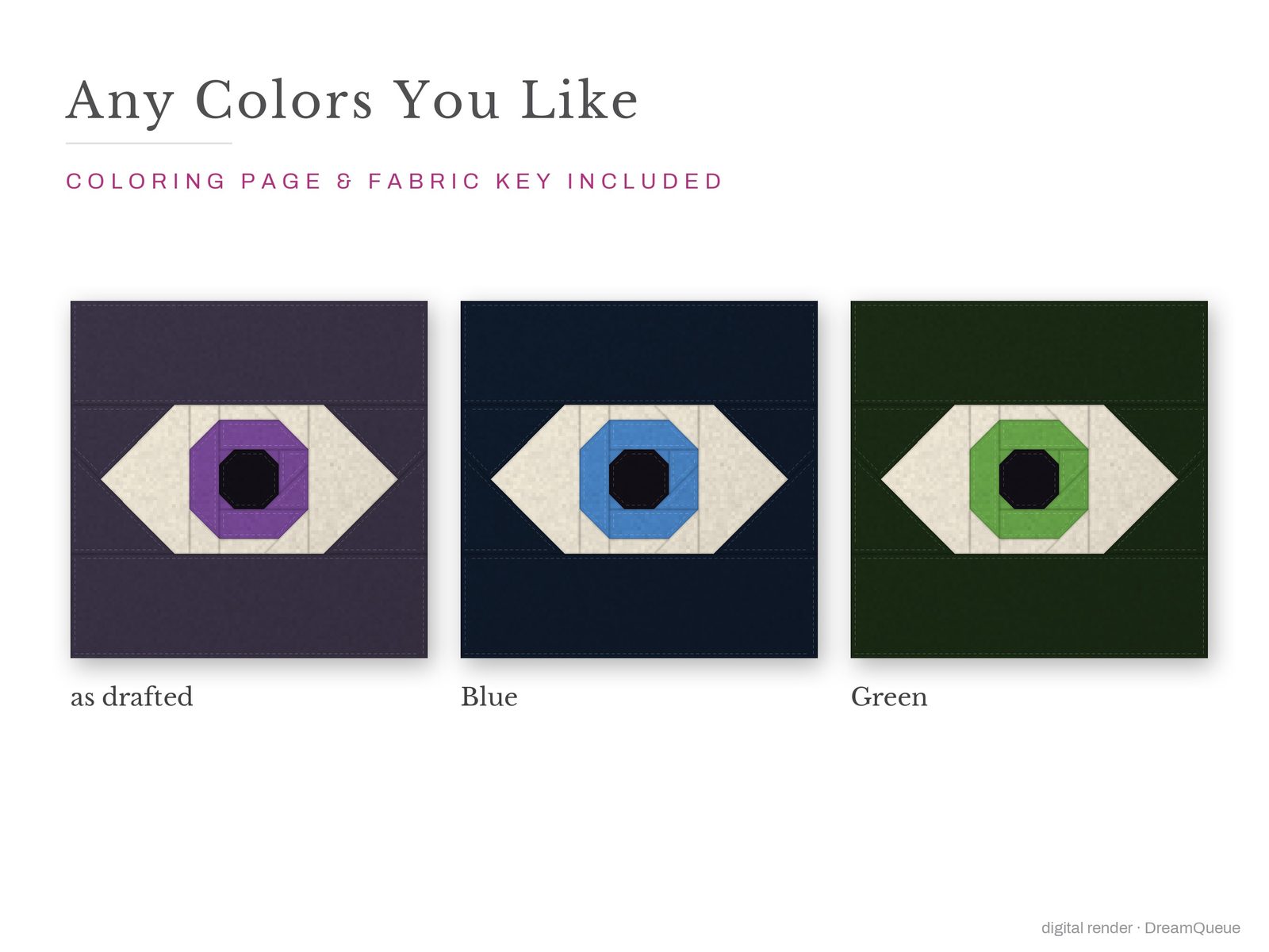The All-Seeing Eye quilt block in three colorways, as drafted, pastel and jewel tones; a coloring page and fabric key are included
