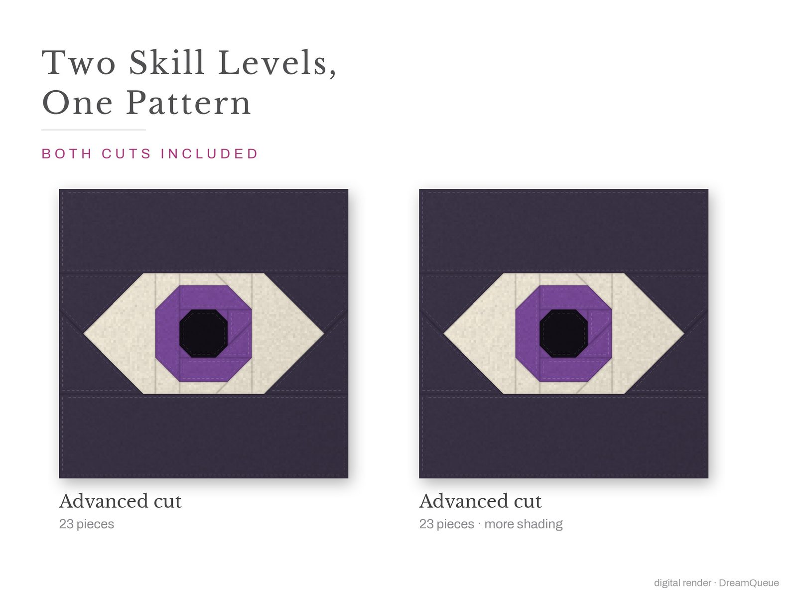 All-Seeing Eye: Skill level advanced: no Y-seams, mirrored and labeled templates, every size checked, pieces numbered in sewing order, cutting chart and fabric to buy