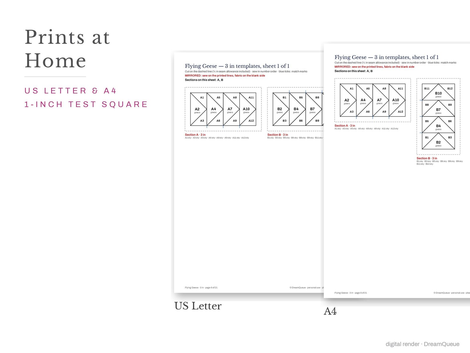 Flying geese quilt block templates printed on US Letter and A4 paper with a 1-inch test square to check the print scale