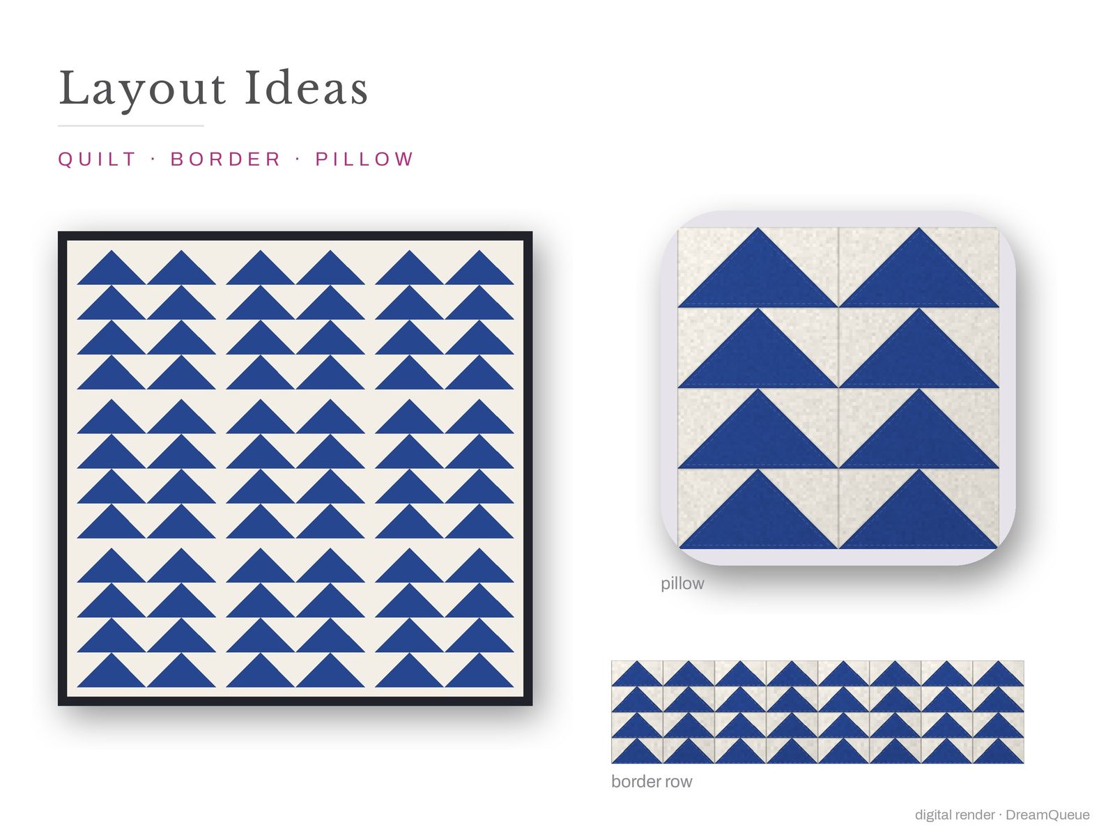 Layout ideas for the Flying Geese quilt block: a full quilt, a border row and a pillow