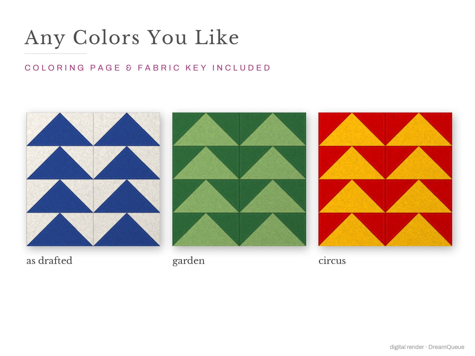 The Flying Geese quilt block in three colorways, as drafted, pastel and jewel tones; a coloring page and fabric key are included